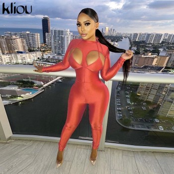 Kliou Patchwork Sexy Jumpsuit Women Autumn Turtleneck Full Sleeve Skinny Rompers Female Hot Overoll Shiny Party Streetwear 2021